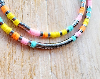 Turquoise Pink Orange Yellow Silver 16" Heishi Necklace Beach Boho - BOHOSEASON