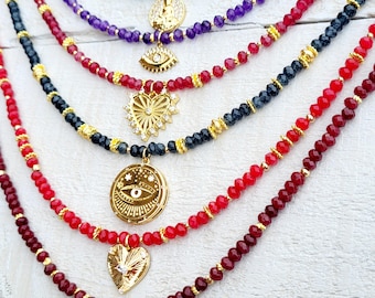 Beaded Gemstone Pendant Necklace 18k Gold Plated 7 Colours to Choose Burgandy Aqua Green Red - BOHOSEASON