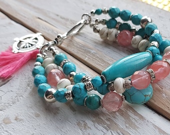 Bracelet 10mm-32mm Watermelon Quartz Turquoise Beads 3 Rows Tassels Compass Charm - BOHOSEASON