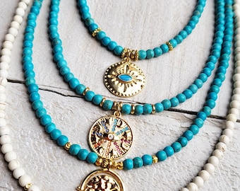 Turquoise or White Beaded Necklace 18k Gold Plated Pendant Turtle Coin Lotus Beads - BOHOSEASON
