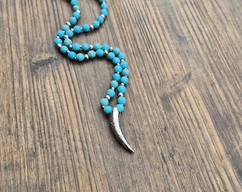 Turquoise and Steel Beaded Necklace Stainless Steel Tooth Pendant Non Tarnish - BOHOSEASON