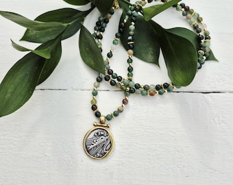 Indian Agate Gemstone Beaded Coin Pendant Necklace 28" 18k Gold Plated - BOHOSEASON