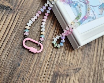 Pink Carabiner Pastel Bead Necklace Stainless Steel Glass Rondelles Pink Green Blue - BOHOSEASON