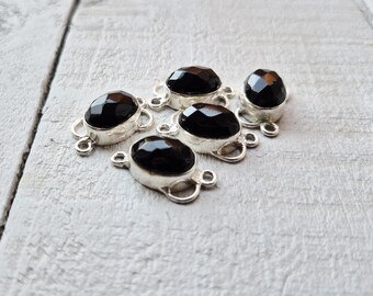 Black Onyx Faceted Gemstone Connectors Oval 925 Silver Plated Jewellery Making Findings - BOHOSEASON