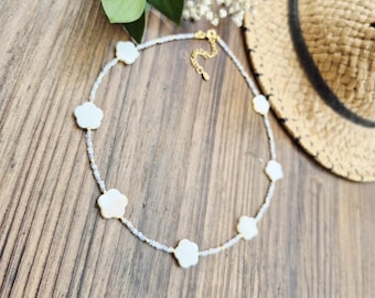 Flower Shell Necklace Pink Blue Beaded 18k Gold Plated Mother of Pearl - BOHOSEASON