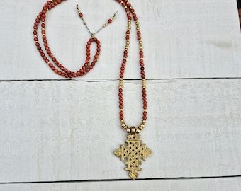 Red Jasper and Brass Beaded Boho Necklace Coptic Cross Pendant - BOHOSEASON