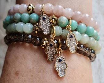 Gemstone Bracelets Hamsa Hand Brass Pave Charm Smoky Quartz Green Jasper Thistle Jade - BOHOSEASON