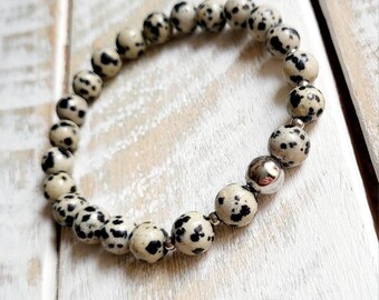 Mens Boho Bracelet Black Cream 8mm Dalmatian Jasper Gemstone Beads Stainless Steel - BOHOSEASON