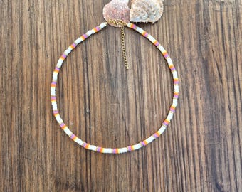 Heishi Necklace White Multi Stripes 18k Gold Plated White Lilac Orange Boho Jewellery - BOHOSEASON
