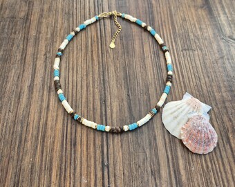 Heishi Necklace 18k Gold Plated Boho Jewellery Turquoise Coconut Wood - BOHOSEASON