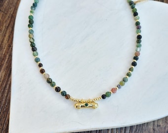 Indian Agate Pendant Boho Necklace 18k Gold Plated Beads  - BOHOSEASON