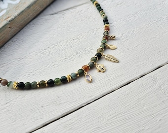 Indian Agate Pretty Charms Necklace 18k Gold Plated Boho Beads  - BOHOSEASON