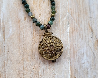 Indian Agate Brass Locket Necklace 28" - BOHOSEASON