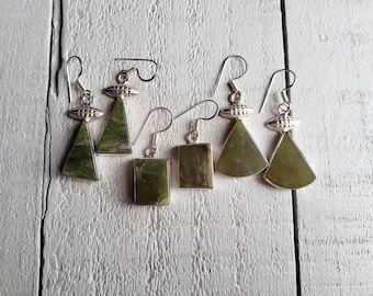 Gemstone Earrings Jade Nephrite Green Drops Pierced 925 Silver Plated- BOHOSEASON