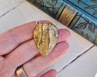 Jasper Petrified Wood Gemstone Pendant Teardrop 2 Holes 925 Silver Plated - BOHOSEASON