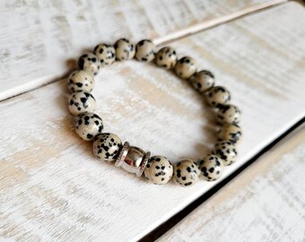 Mens Boho Bracelet 10mm Dalmation Jasper Gemstone Beads Stainless Steel - BOHOSEASON