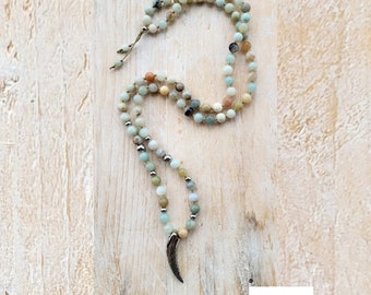 Amazonite Necklace 34" Stainless Steel Beads Pendant 8mm Non Tarnish - BOHOSEASON