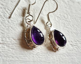Violet Amethyst Earrings Teardrops Pierced Wires 925 Silver Plated - BOHOSEASON