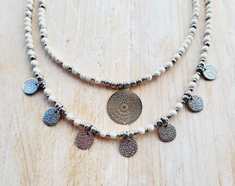 White Howlite Gemstone Bead Necklace Boho Silver Coins Pendant - BOHOSEASON