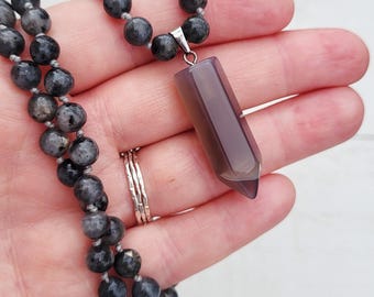 Labradorite Gemstone Beaded Necklace Grey Agate Pendant - BOHOSEASON