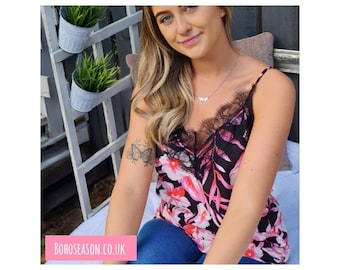 Pink and Black Floral Lace trimmed Satin Camisole Boho Strappy Vest Top Vneck - Bohoseason