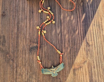 Eagle Pendant Cord Necklace Brass Beads Coins Charms - BOHOSEASON