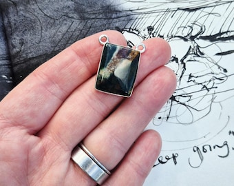 Jasper Gemstone Pendant 925 Silver Plated Rectangular Black Brown 2 Holes - BOHOSEASON