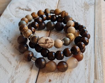 Set x 3 Mens Gemstone Bracelets Wooden Gemstone Beads Stainless Steel Browns Agate Jasper - BOHOSEASON