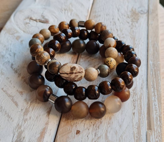 White Matte Agate Stone Bead Bracelet with Bronze Spacers- 10mm