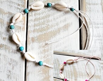 Shell Beaded Bracelet/Anklet White Choose Pink or Blue   - BOHOSEASON