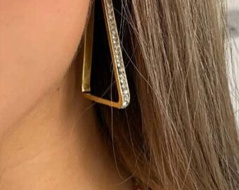Pave Golden Earrings CZs Triangular 40mm Drops Pierced  - BOHOSEASON