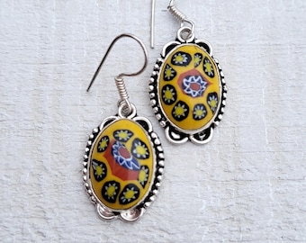 Millifiori Earrings Yellow Glass Oval Drops Pierced - BOHOSEASON