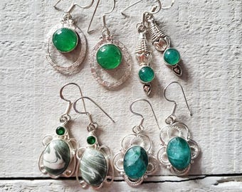 Gemstone Earrings Jade or Unakite Green Drops Pierced 925 Silver Plated Choose - BOHOSEASON