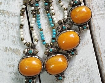 Boho Necklace Turquoise or White Faux Amber Pendant 80cm - BOHOSEASON