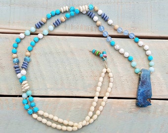 BOHO Necklace Turquoise, Aquamarine, Blue Gemstones, Howlite and Cream Wooden Beads and Blue Agate Pendant by - BOHOSEASON