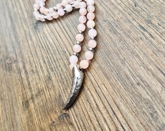 Rose Quartz and Steel Beaded Necklace Stainless Steel Tooth Pendant Non Tarnish - BOHOSEASON