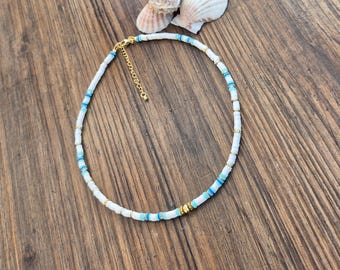White Blue Heishi Necklace 18k Gold Plated Boho Jewellery - BOHOSEASON