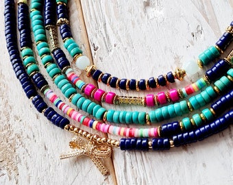 Navy Blue Turquoise Pink Gold Multicolored Heishi Beads Boho Necklace Golden Spacers - BOHOSEASON