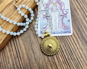 Opalite Glass Beaded Necklace Gold Pendant Beach Boho Jewellery  - BOHOSEASON