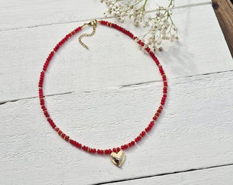 Red Gemstone Heart Pendant Necklace 18k Gold Plated Malaysian Jade- BOHOSEASON
