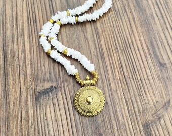 White Shell Necklace Gold Pendant Beach Boho Jewellery  - BOHOSEASON
