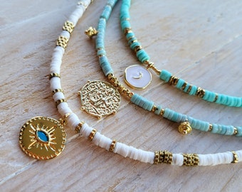 Light Blue White Gold Heishi Beaded Boho Necklace 18k Gold Spacers Pendant - BOHOSEASON