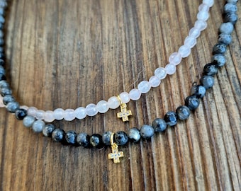 Labradorite or Rose Quartz Necklace 18k Gold Plated Cz Cross Pendant 16"  - BOHOSEASON