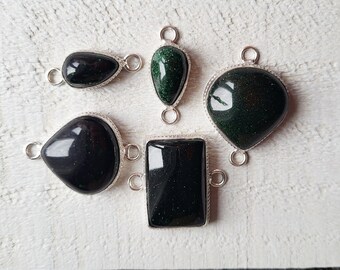 Dark Green Goldstone Gemstone Connectors Rectangular Teardrop Jewellery Making Findings 925 Silver Plated Choose- BOHOSEASON