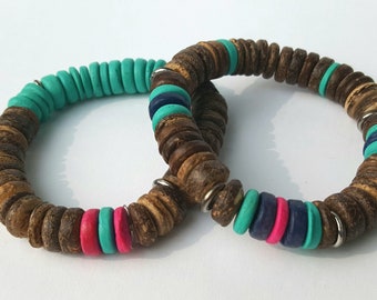 2 x Boho Beaded Bracelets Stack 8mm Wooden Heishi Beads Brown Turquoise - BOHOSEASON