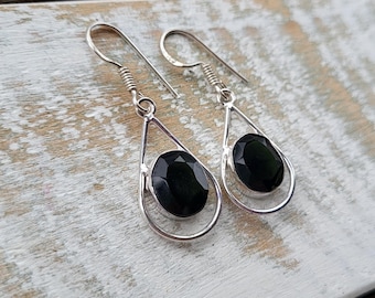 Green Diopside Gemstone Faceted Earrings Teardrop Shaped 925 Silver Plated Drops Pierced - BOHOSEASON
