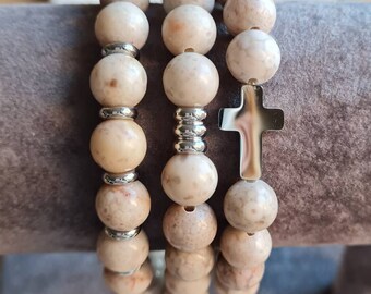Set x 3 Mens Gemstone Bracelets Medicinal Beads Stainless Steel Beige - BOHOSEASON
