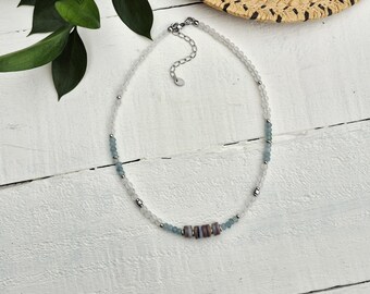 Aqua Malaysian Jade Beaded Necklace Shells Stainless Steel White 15" - BOHOSEASON