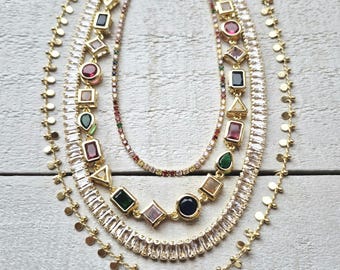 Cz Necklaces Multicoloured Baguette Choker 18k Gold Plated Boho Valentines Day Gift Choose - BOHOSEASON