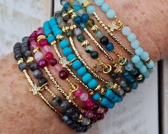 2 x 4mm Gemstone Beaded Bracelets 18K Gold Plated Beads choose from Labradorite Aqua Jade Teal & Pink Agate and more - BOHOSEASON